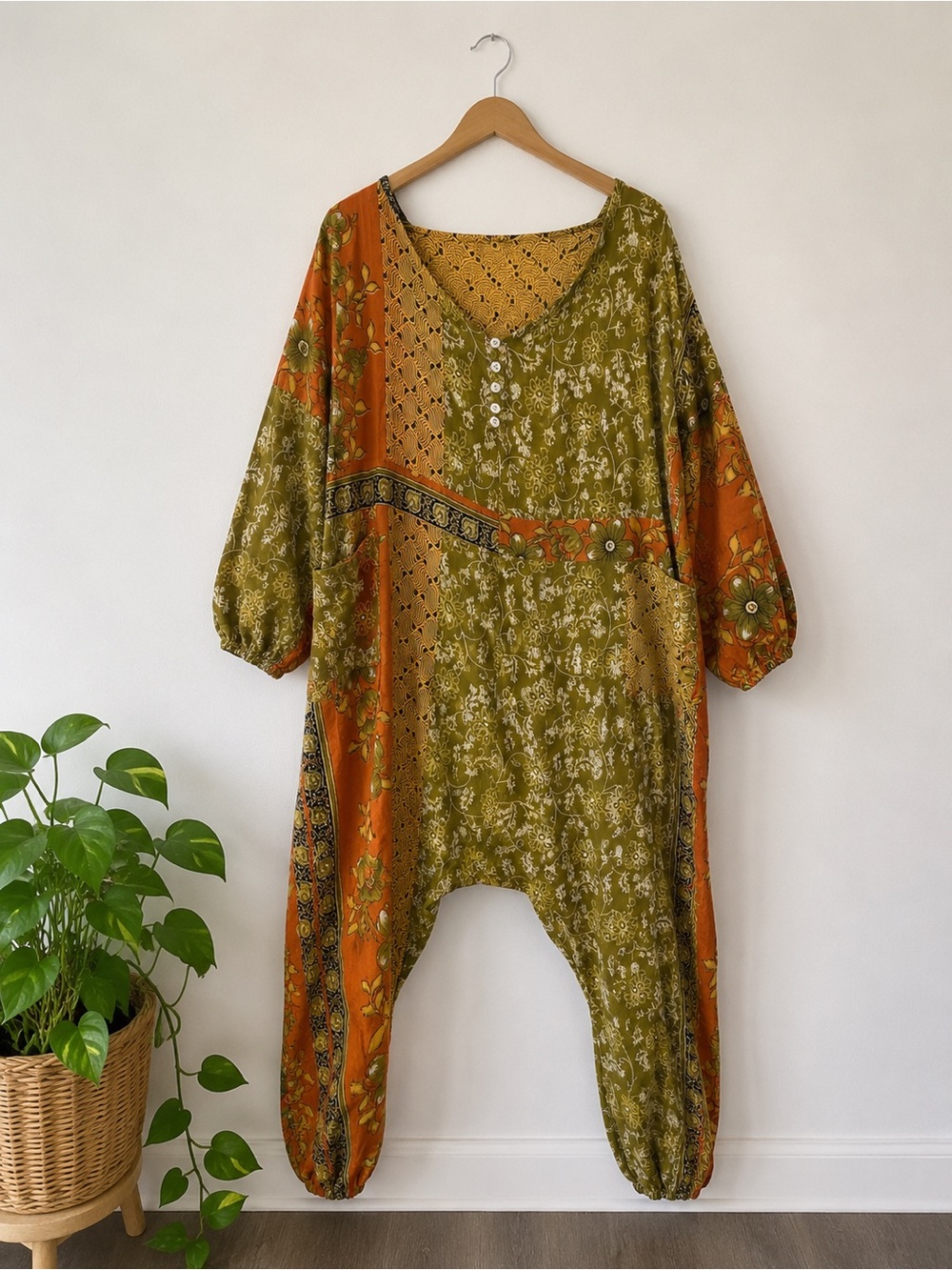 Kantha Bae Reversible Boho Drop Crotch Jumpsuit Patchwork